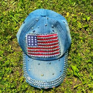 Denim bedazzled American flag cap